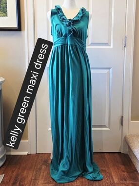 MERONA Maxi Dress Womens M Sleeveless Green Ruffle Detail Soft Polyester Blend